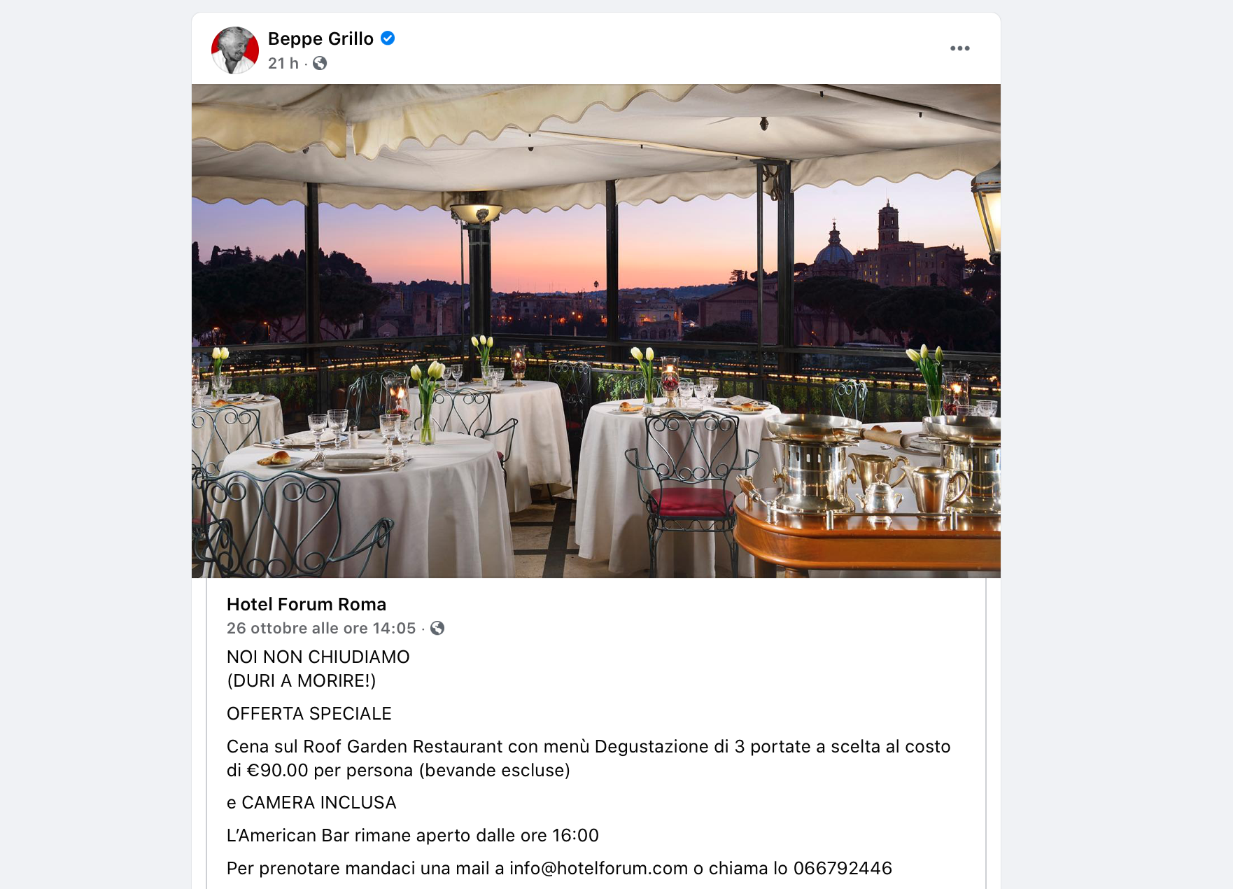 Beppe Grillo ha rilanciato un albergatore che ha trovato un cavillo per aggirare il Dpcm