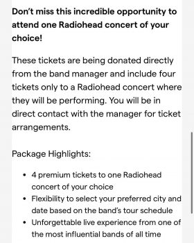 Lo screenshoot che confermerebbe l'asta dei biglietti per il nuovo tour dei Radiohead